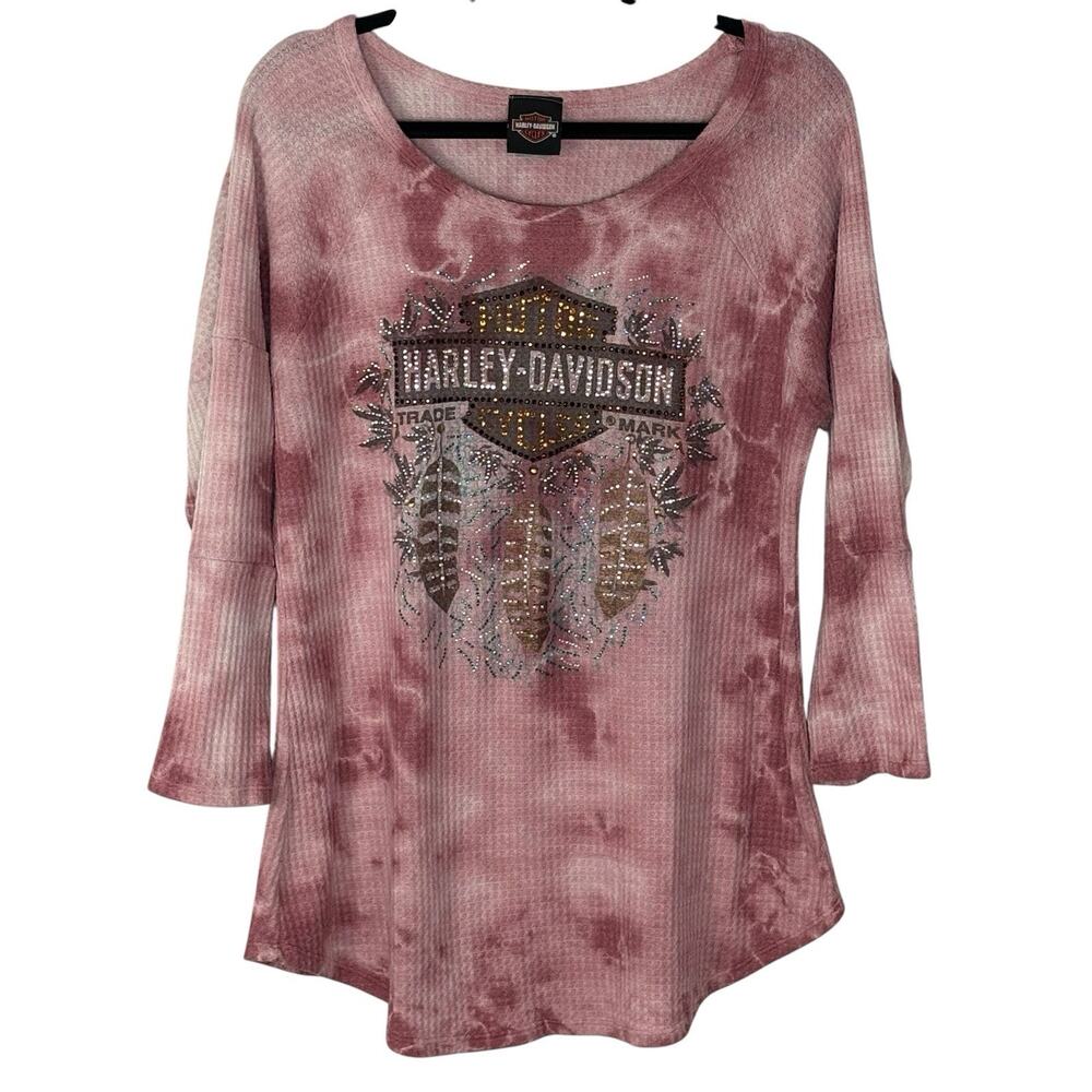 Harley Davidson Thermal Shirt Waffle Knit Long Sleeve Bling Tie Dye Pink Size XL